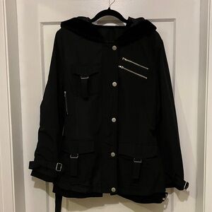 Black Hooded Thin Jacket with Silver Zipper and Buckle Accents